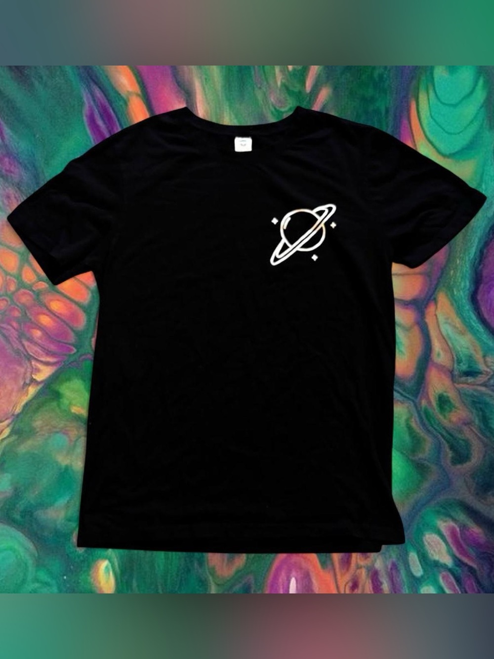 Black Saturn Planet Graphic Tee Casual Shirt